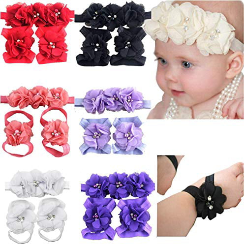Baby Girls Barefoot Sandals Lace Foot Flower Gold Shoes Headband White Accessory